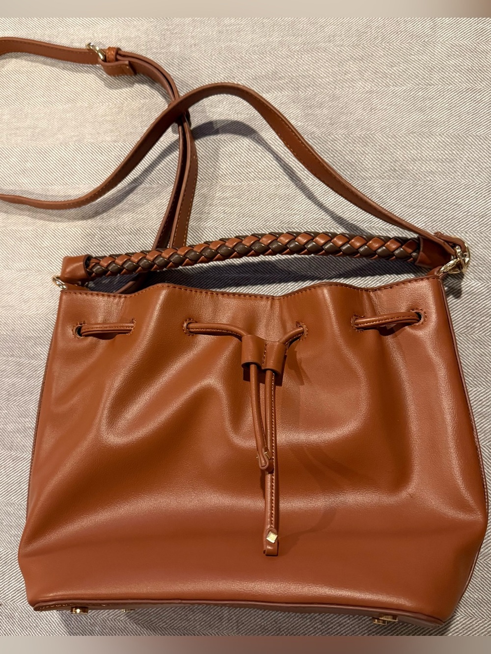 ON 34TH Whitney Brown Cognac Bucket Crossbody Bag Braided Strap Vegan Leather